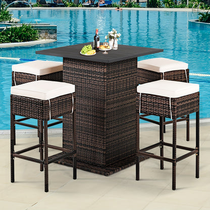 5pcs Rattan Patio Bar Set with Hidden Storage - Includes Table, 4 Stools & Waterproof Cushions - Weather-Resistant PE Wicker for Outdoor Gatherings, Shelf