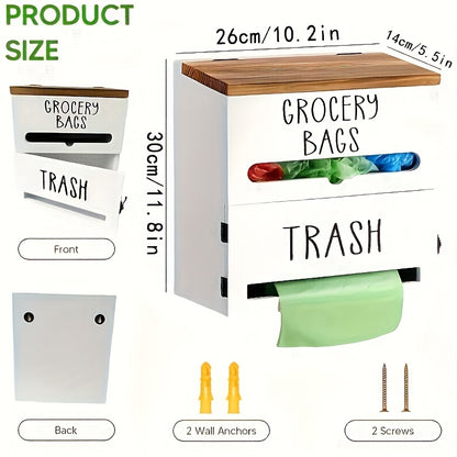 2-in-1 Wooden Garbage Bag Dispenser & Organizer, Large Capacity, Wall-Mount Or Cabinet Hanging Storage for Kitchen And Bathroom Essentials, White/Black