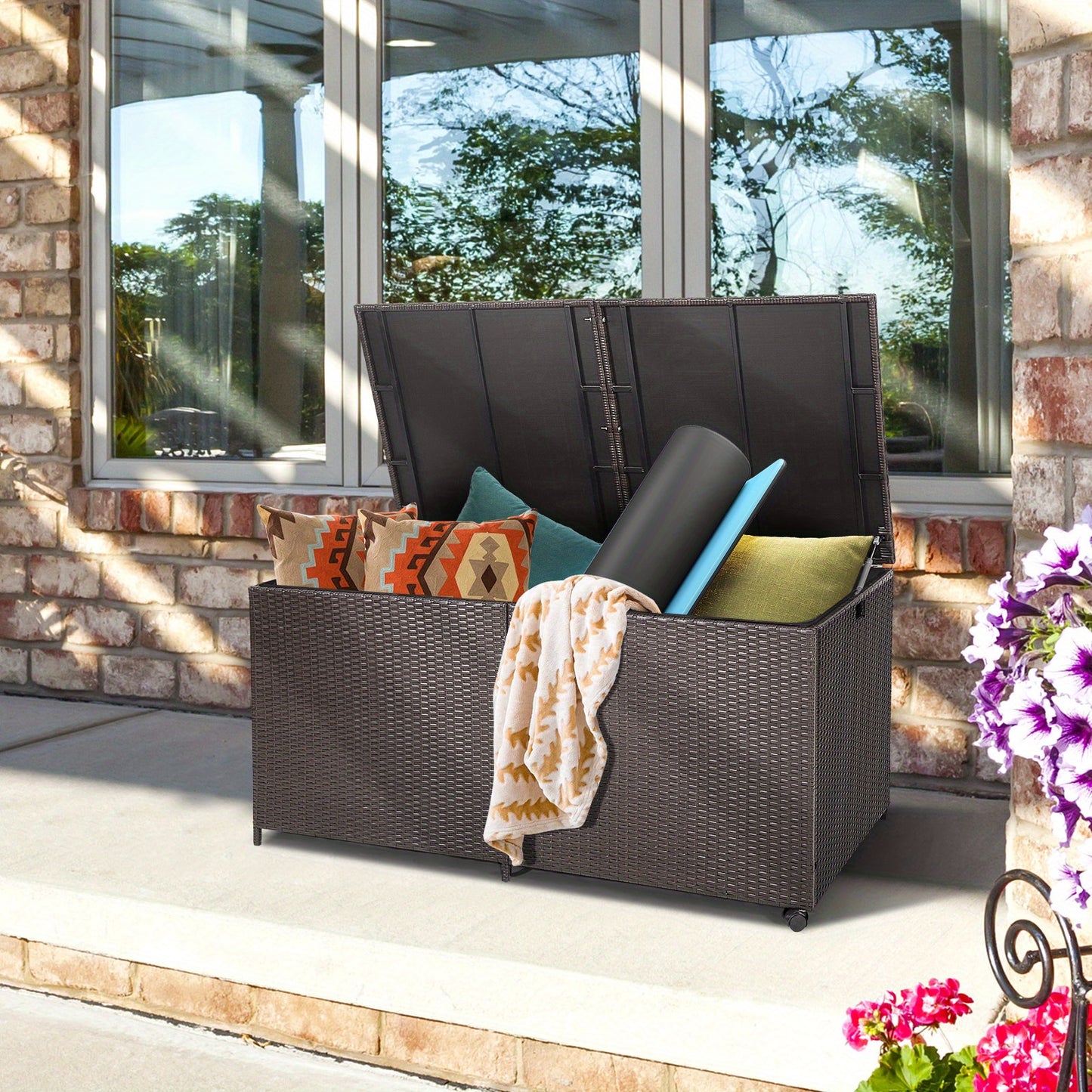 Patio 175 Gallon Rattan Wicker Storage Deck Box Container Wheels W/Liner Garden