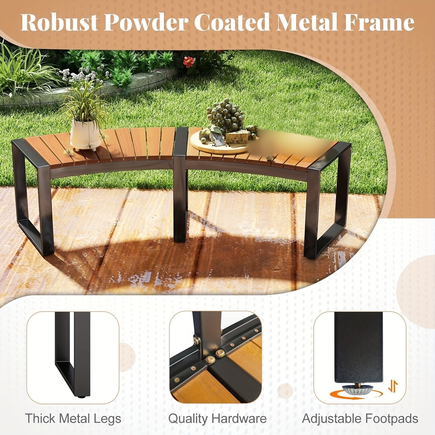 Acacia Wood Patio Bench Set - Curved Fire Pit Seat with Slatted Design & Metal Legs, Outdoor 2-Person Backless Bench for Yard, Garden, Porch, 800 LBS Max Load