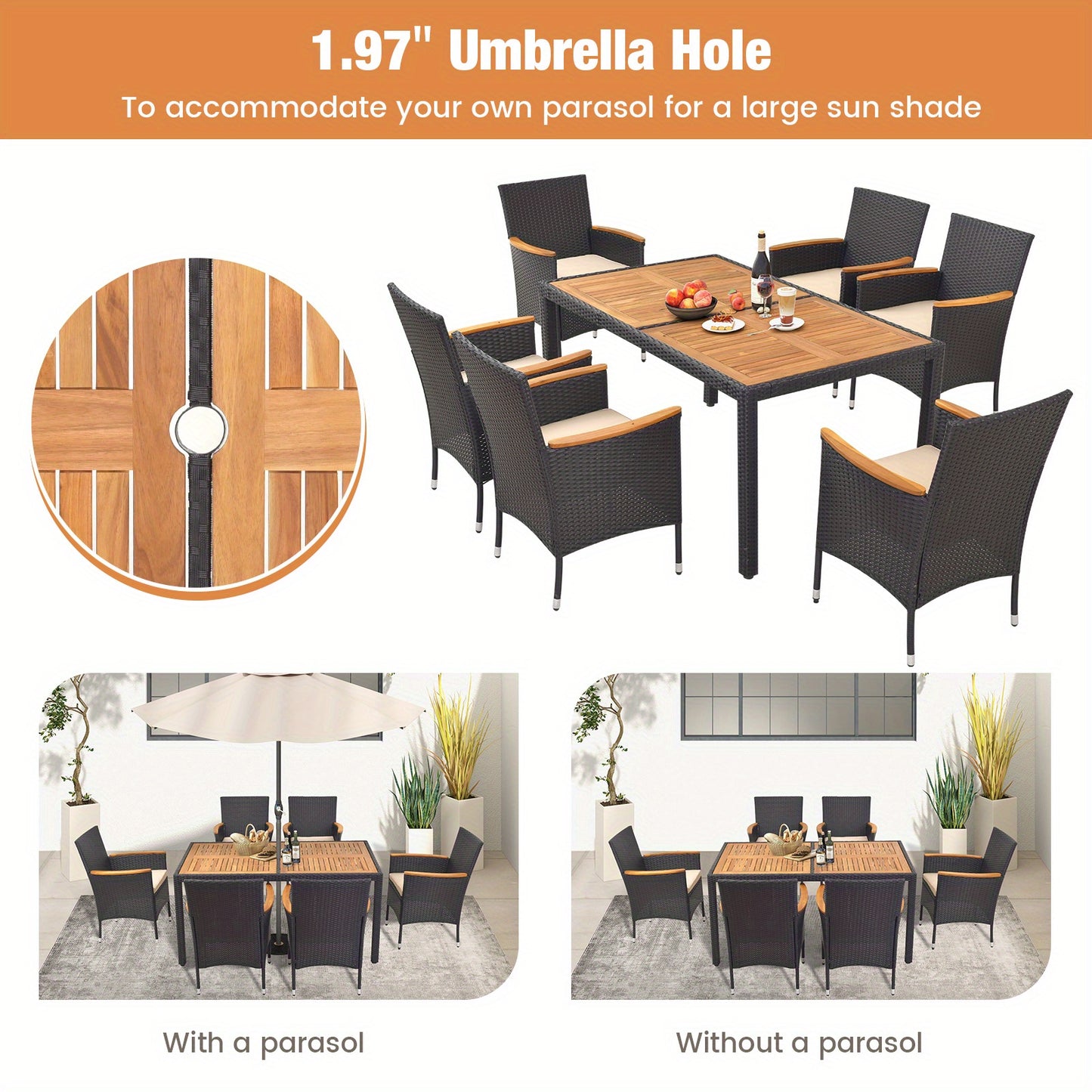 7pcs Outdoor Dining Set for 6 W/ Umbrella Hole Acacia Wood Tabletop Poolside