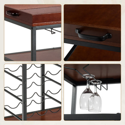 3 Tier Rustic Bar Cart, Industrial Rolling Bar Cart with Wine Racks & Glass Holders, Lockable Wheels, Wooden Mobile Beverage and Drink Carts with Metal Frame, for Home Kitchen, Rustic Brown