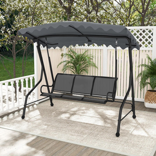3-Seat Outdoor Swing, Porch Canopy Swing w/ Adjustable Shading, Heavy-Duty Metal Frame & Breathable Seat, Patio Sunset Hanging Swing for Backyard, Poolside, Balcony