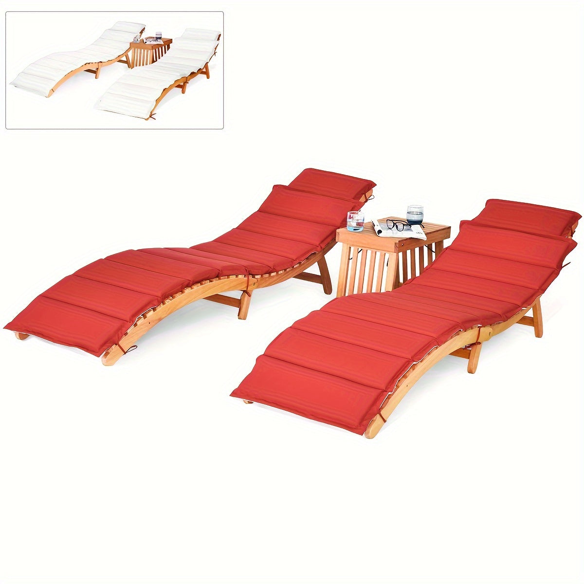 3pcs Wooden Folding Patio Lounge Chair Table Set, Red/White Cushion Pad Pool Deck
