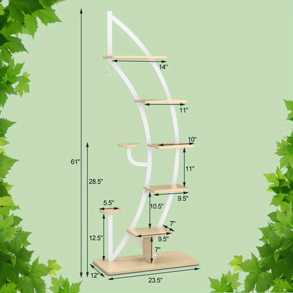 6 Tier Metal Plant Stand, Half Moon Shape Ladder Planter Organizer w/Hook, Multifunctional Curved Flower Pot Rack, Indoor Bonsai Display Shelf for Living Room, Bedroom, Balcony