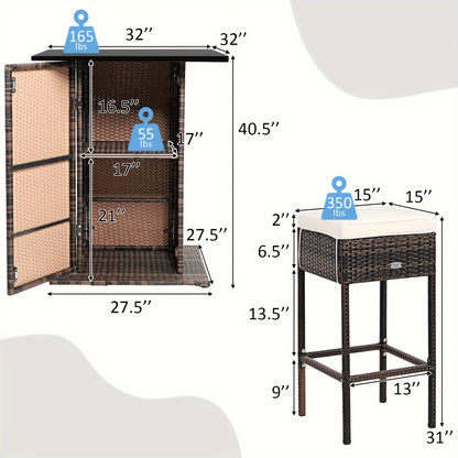 5pcs Rattan Patio Bar Set with Hidden Storage - Includes Table, 4 Stools & Waterproof Cushions - Weather-Resistant PE Wicker for Outdoor Gatherings, Shelf