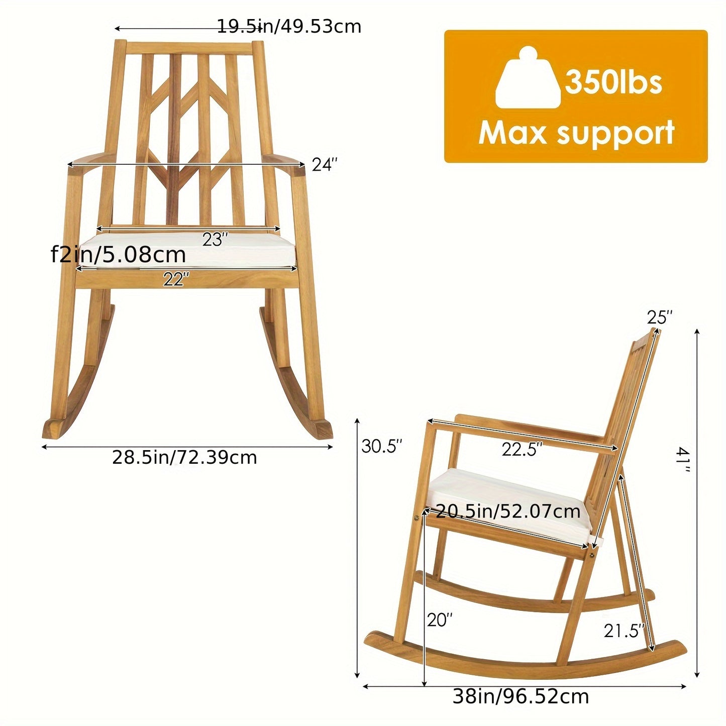 Elegant Acacia Wood Patio Rocking Chair with Cozy White Cushioned Seat, Armrests, and High Backrest - Sturdy, Safe Design for Garden or Deck Use, Outdoor Patio Furniture