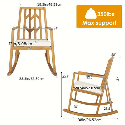 Elegant Acacia Wood Patio Rocking Chair with Cozy White Cushioned Seat, Armrests, and High Backrest - Sturdy, Safe Design for Garden or Deck Use, Outdoor Patio Furniture