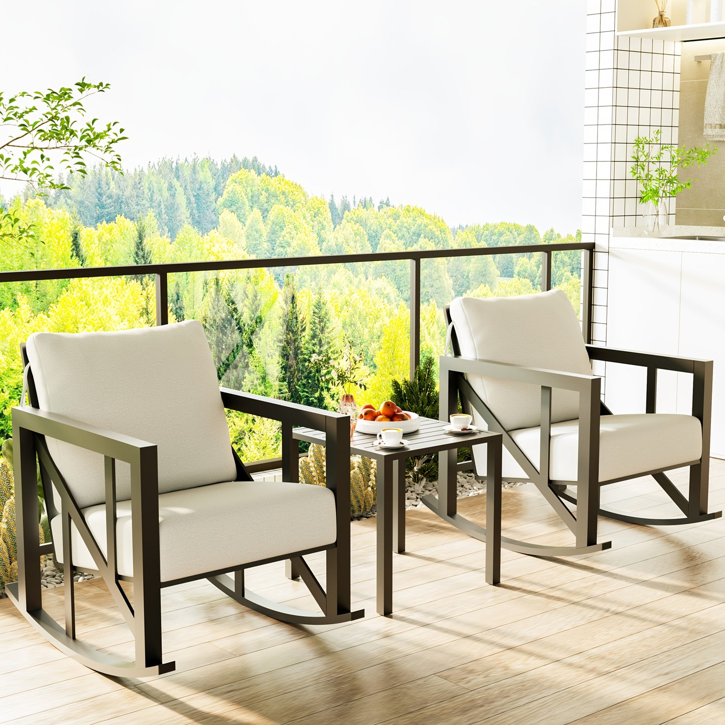 Patio Bistro Rocking Chair Set, 3pcs Outdoor Conversation Furniture Set with 2 Rockers And 1 Metal Coffee Table with Thick Cushions for Backyard, Porch, Poolside, 300lbs