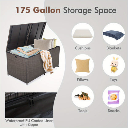 Patio 175 Gallon Rattan Wicker Storage Deck Box Container Wheels W/Liner Garden