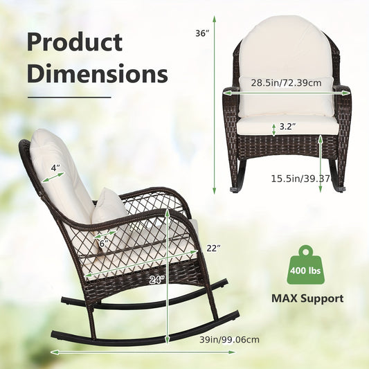 Patio Wicker Rocking Chair W/Seat Back Cushions & Lumbar Pillow Porch Off White