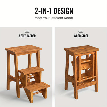 3-in-1 Folding Step Stool | 24" | Rubber Wood | Durable & Portable, Sturdy Ant-Slip Surface, 200 lbs Capacity Per Pedal | Home, Garage, or Garden Use | Rustic Wood | Secure Connection Joints