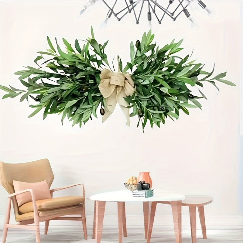 Artificial Olive Leaf Wreath with Country-Style Linen Bow - Plastic Green Plant Wall Decoration for Weddings, Christmas And June Festivals, Maintenance-Free Home Decoration, Farmhouse Door Wall Decoration, Holiday Embellishment