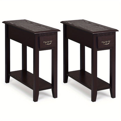 2-Tier COSTWAY Side Table - Storage Drawer, Lower Shelf, Easy Assembly, Sturdy Rubber Wood Legs for Small Spaces (Bedroom, Living Room, Entryway)