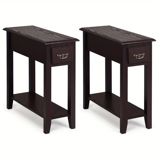 2-Tier COSTWAY Side Table - Storage Drawer, Lower Shelf, Easy Assembly, Sturdy Rubber Wood Legs for Small Spaces (Bedroom, Living Room, Entryway)