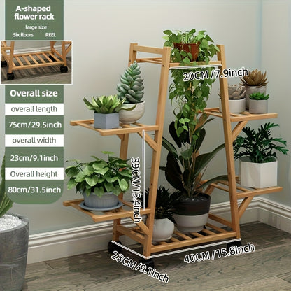 3-Tier Wooden Plant Stand with Wheels - Mobile Indoor/Outdoor Rolling Shelf for Potted Plants, Space-Saving A-Frame Design, Rustic Home Decor & Gardening Tool Organizer, Durable Wooden Construction