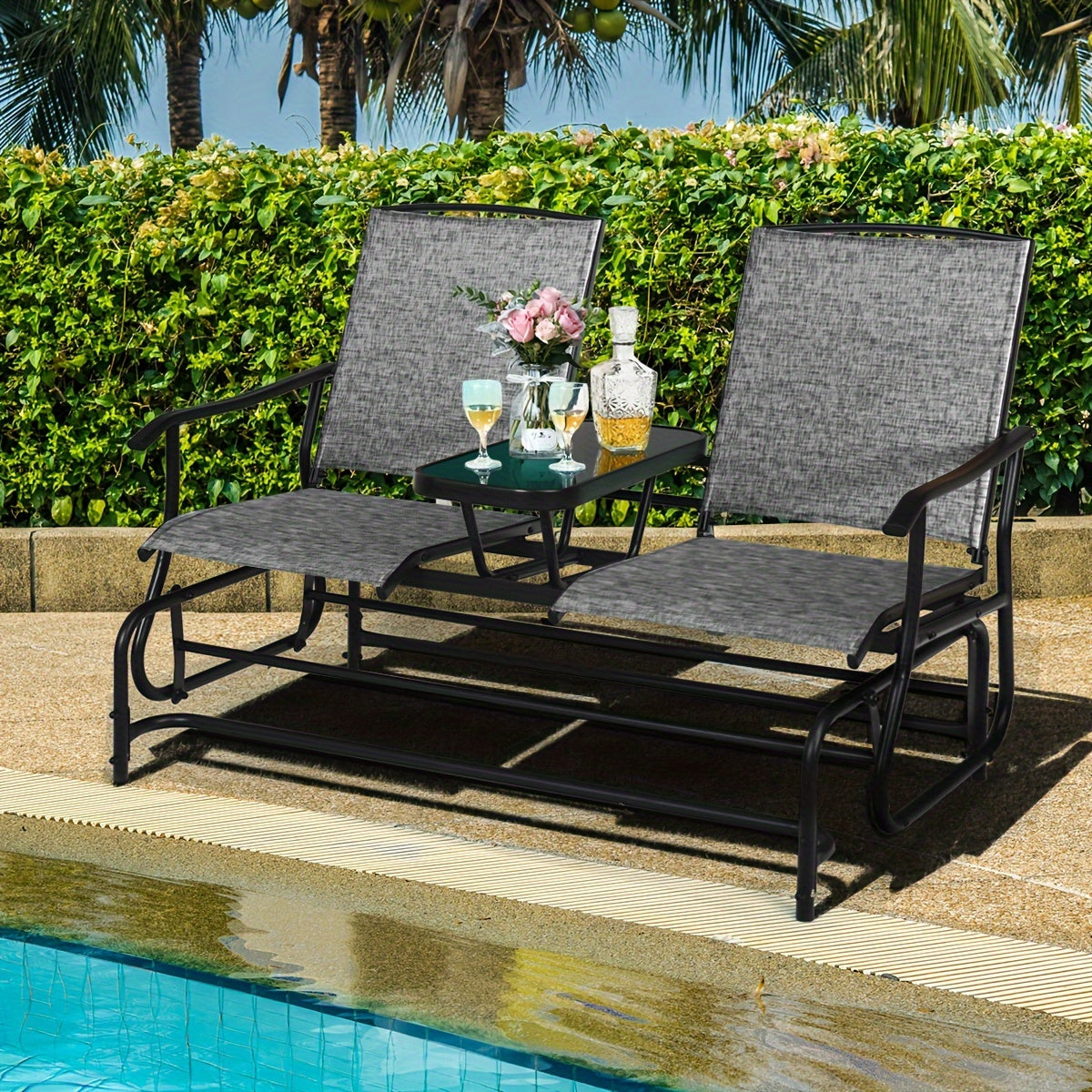 Patio Bench Glider Chair With Metal Frame, Center Tempered Glass Table, Outside Double Rocking Swing Loveseat For Porch, Garden, Poolside, Balcony, Lawn Rocker Outdoor Glider Bench (Gray)
