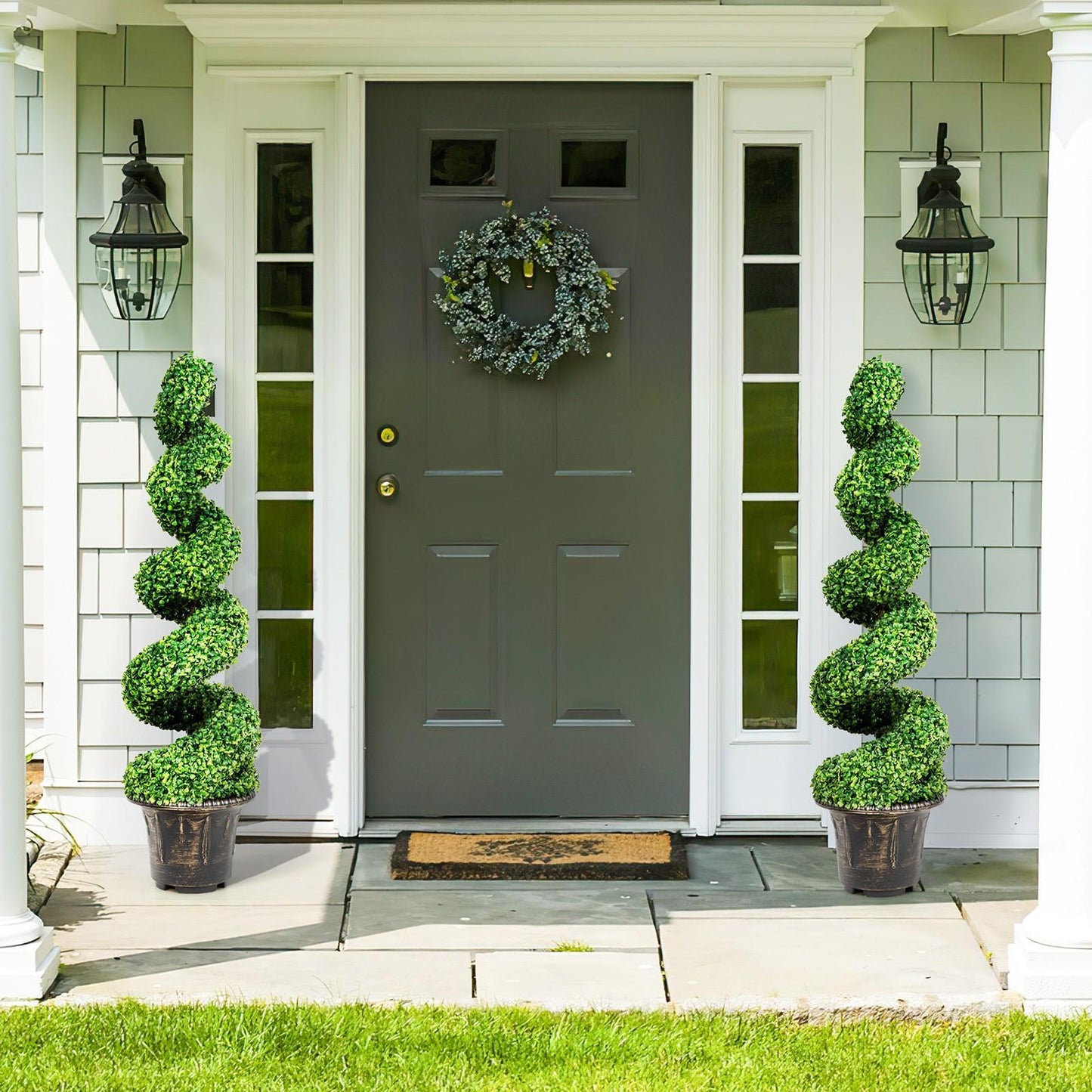 [Artificial Boxwood] Artificial Boxwood Spiral Topiary Tree | Fake Plant Decor | Plastic Pot | Realistic Leaves & Twined Branches | Sturdy Steel Frame | Faux Potted Plants | Home, Office, Front Porch