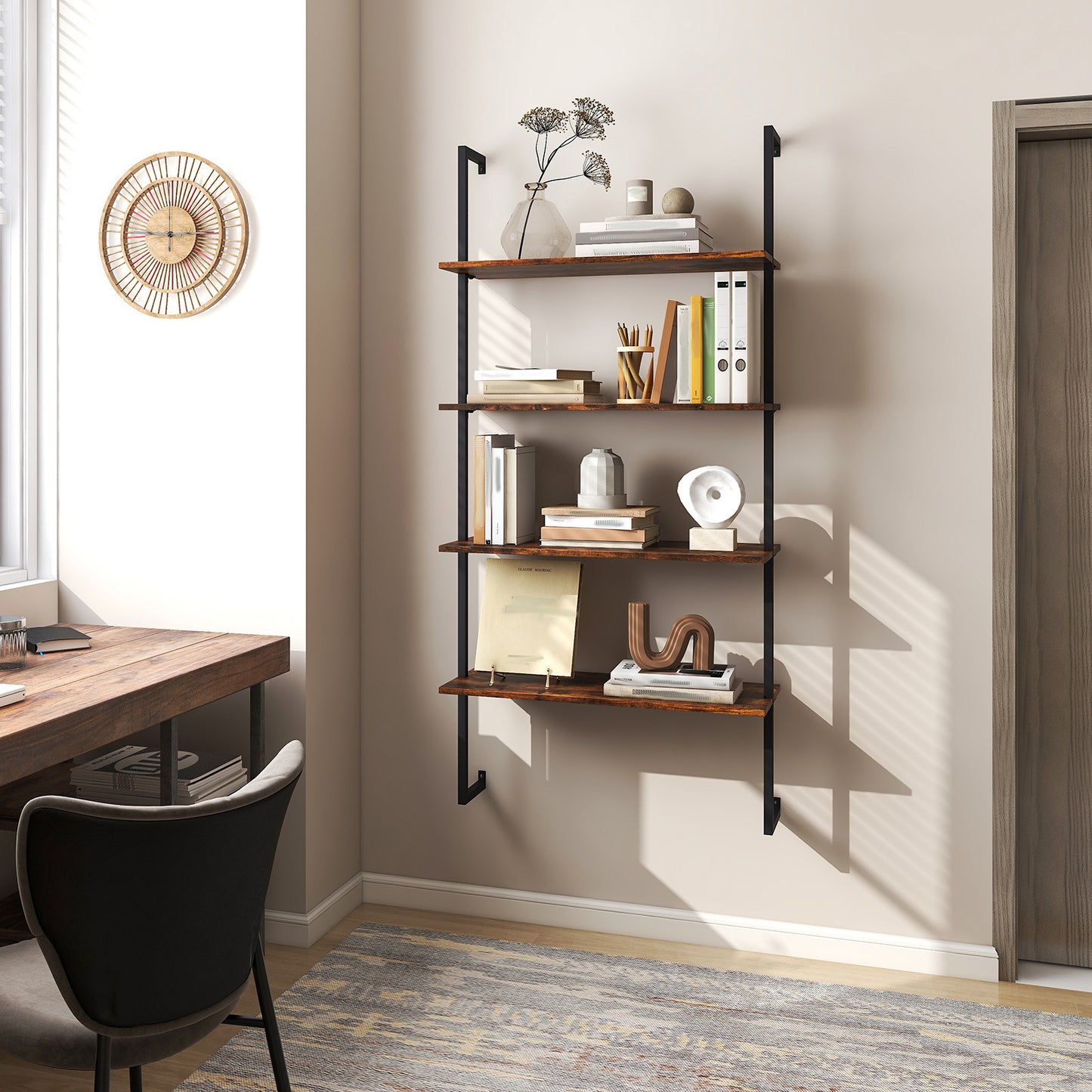 4-Tier Bookshelf, Wall-Mounted Ladder Shelf with Metal Frame, Industrial Display Storage Shelf for Study, Living Room & Kitchen, Brown