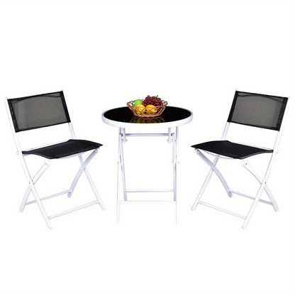 3pcs Elegant Folding Bistro Set with Black Tempered Glass Top - Durable Metal Frame & Textile Fiber Seats, Easy Clean - Ideal for Patio, Garden, Deck - No Assembly Required, Outdoor Patio Furniture