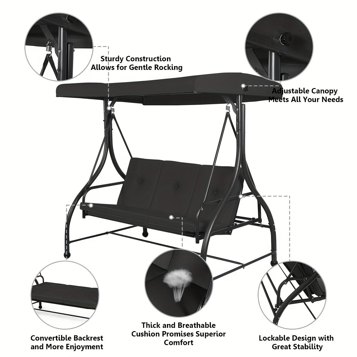 [3 People Steel Hammock] 1pc 3 People Steel Frame Convertible Outdoor Swing Canopy Hammock | Black, Cushioned Seat, 74x44x70 Inches, Patio Deck And Garden Furniture