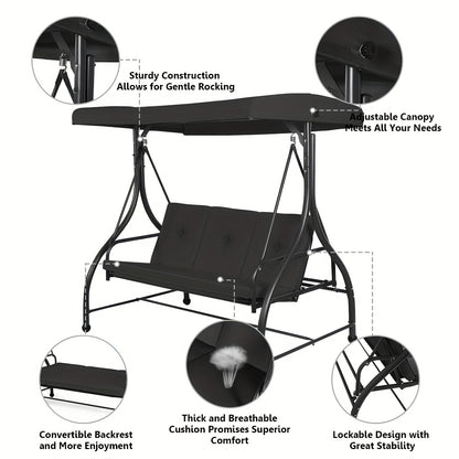 [3 People Steel Hammock] 1pc 3 People Steel Frame Convertible Outdoor Swing Canopy Hammock | Black, Cushioned Seat, 74x44x70 Inches, Patio Deck And Garden Furniture