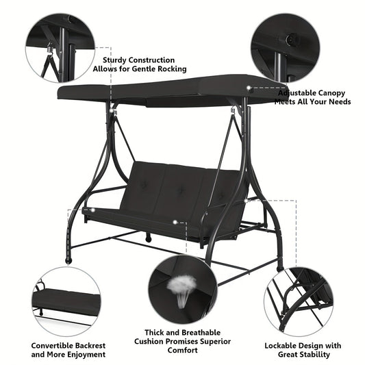 [3 People Steel Hammock] 1pc 3 People Steel Frame Convertible Outdoor Swing Canopy Hammock | Black, Cushioned Seat, 74x44x70 Inches, Patio Deck And Garden Furniture