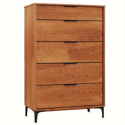 5-Drawer Dresser Mid-Century Modern Freestanding Chest with Sturdy Metal Legs & Interlock System, Cherry Finish Engineered Wood & MDF Organizer for Bedroom, Living Room, Hallway - Easy Assembly, Adjustable Feet, Anti-Tip Design