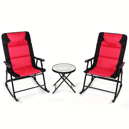 2pcs Rocking Chairs With Cushions & 1pc Glass Top Table, 3pcs Folding Bistro Set, Steel Garden Furniture In Red, Outdoor Patio Set, Space-Saving & Comfort Design, 42.0"x33.0"x27.0" Chairs, 19.0"x20.0" Table