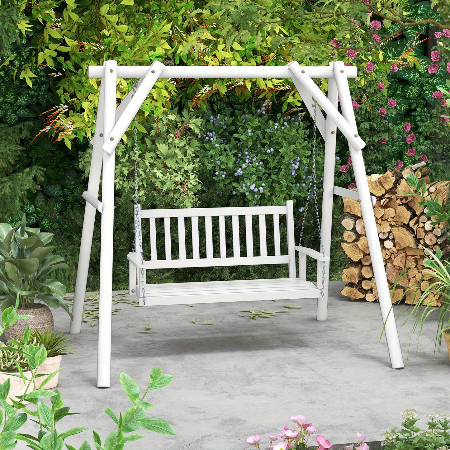 [Heavy Duty Porch Swing] 3-Person Heavy Duty White Wooden Porch Swing - Adjustable Height, Solid Poplar Wood, Galvanized Metal Chains, Slatted Backrest & Curved Seat - Ideal for Patio, Garden, Backyard