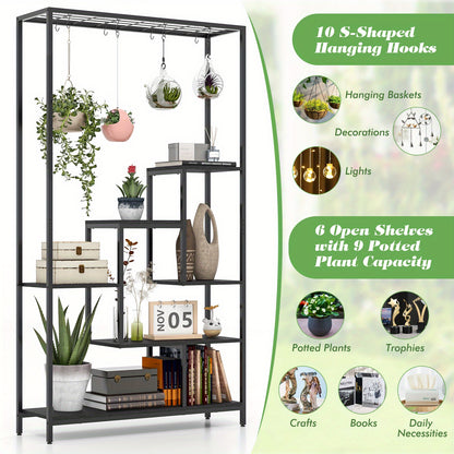 6-Tier Indoor Plant Stand 71" Tall, Sturdy Metal & Wood Plant Shelf with 10 S-Hooks, Large Capacity Vertical Space-Saving Design for Potted Plants, Bonsai, Books, Living Room, Balcony, Office, Balcony Organizer, Modern Aesthetic, Powdercoated Finish