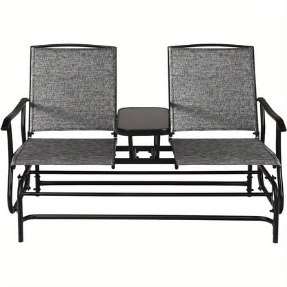 Patio Bench Glider Chair With Metal Frame, Center Tempered Glass Table, Outside Double Rocking Swing Loveseat For Porch, Garden, Poolside, Balcony, Lawn Rocker Outdoor Glider Bench (Gray)