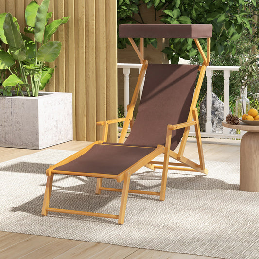 Birch Wood Chaise Lounge Chair, Foldable Beach Lounge Chair with Adjustable Canopy, Reclining Backrest and Footrest, Outdoor Camping Chair with Replacements for Patio, Poolside and Deck