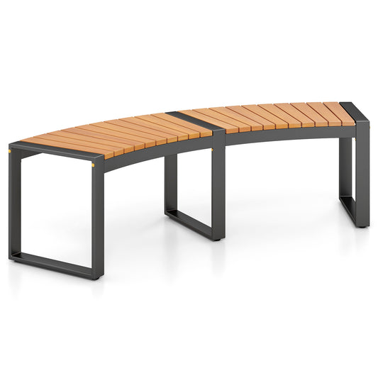 Acacia Wood Patio Bench Set - Curved Fire Pit Seat with Slatted Design & Metal Legs, Outdoor 2-Person Backless Bench for Yard, Garden, Porch, 800 LBS Max Load