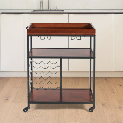 3 Tier Rustic Bar Cart, Industrial Rolling Bar Cart with Wine Racks & Glass Holders, Lockable Wheels, Wooden Mobile Beverage and Drink Carts with Metal Frame, for Home Kitchen, Rustic Brown