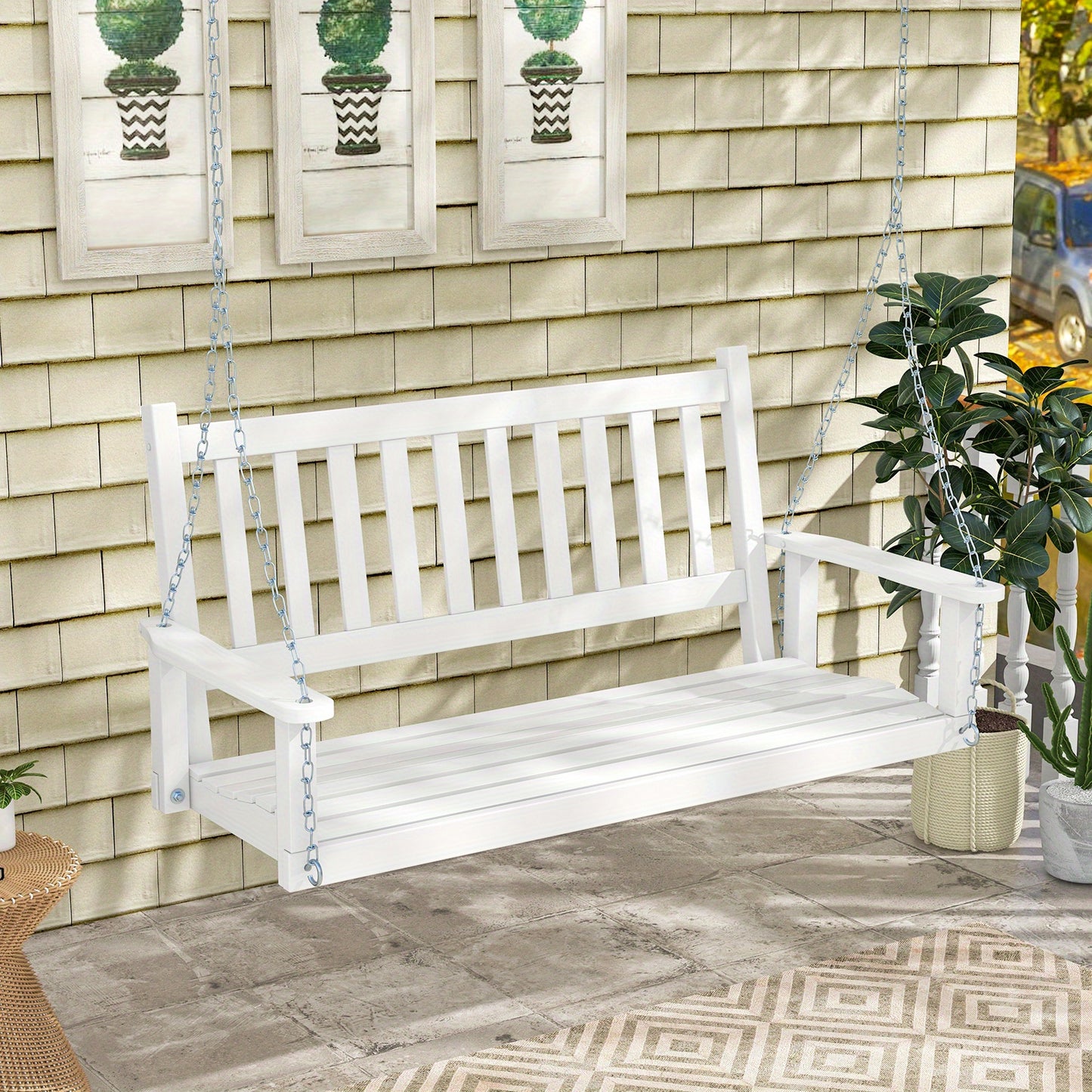 [Heavy Duty Porch Swing] 3-Person Heavy Duty White Wooden Porch Swing - Adjustable Height, Solid Poplar Wood, Galvanized Metal Chains, Slatted Backrest & Curved Seat - Ideal for Patio, Garden, Backyard