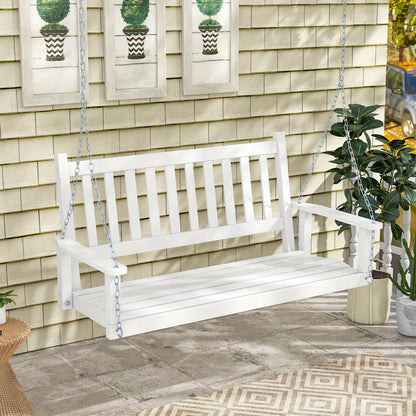 [Heavy Duty Porch Swing] 3-Person Heavy Duty White Wooden Porch Swing - Adjustable Height, Solid Poplar Wood, Galvanized Metal Chains, Slatted Backrest & Curved Seat - Ideal for Patio, Garden, Backyard