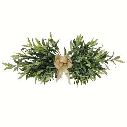 Artificial Olive Leaf Wreath with Country-Style Linen Bow - Plastic Green Plant Wall Decoration for Weddings, Christmas And June Festivals, Maintenance-Free Home Decoration, Farmhouse Door Wall Decoration, Holiday Embellishment