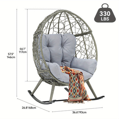 Outdoor Rocking Egg Chair with Cushion, PE Rattan Patio Rocker 250lb Capacity, Anti- Slip, Rocking Patio Chair