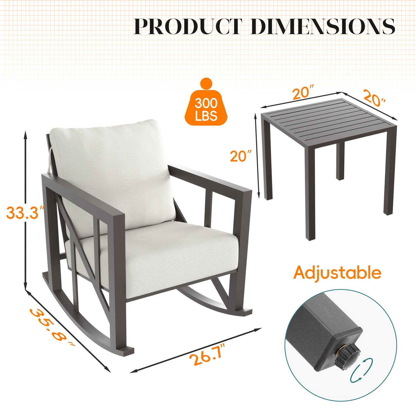 Patio Bistro Rocking Chair Set, 3pcs Outdoor Conversation Furniture Set with 2 Rockers And 1 Metal Coffee Table with Thick Cushions for Backyard, Porch, Poolside, 300lbs