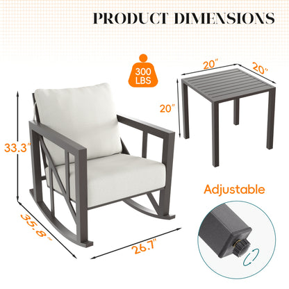 Patio Bistro Rocking Chair Set, 3pcs Outdoor Conversation Furniture Set with 2 Rockers And 1 Metal Coffee Table with Thick Cushions for Backyard, Porch, Poolside, 300lbs