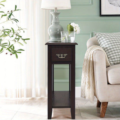 2-Tier COSTWAY Side Table - Storage Drawer, Lower Shelf, Easy Assembly, Sturdy Rubber Wood Legs for Small Spaces (Bedroom, Living Room, Entryway)