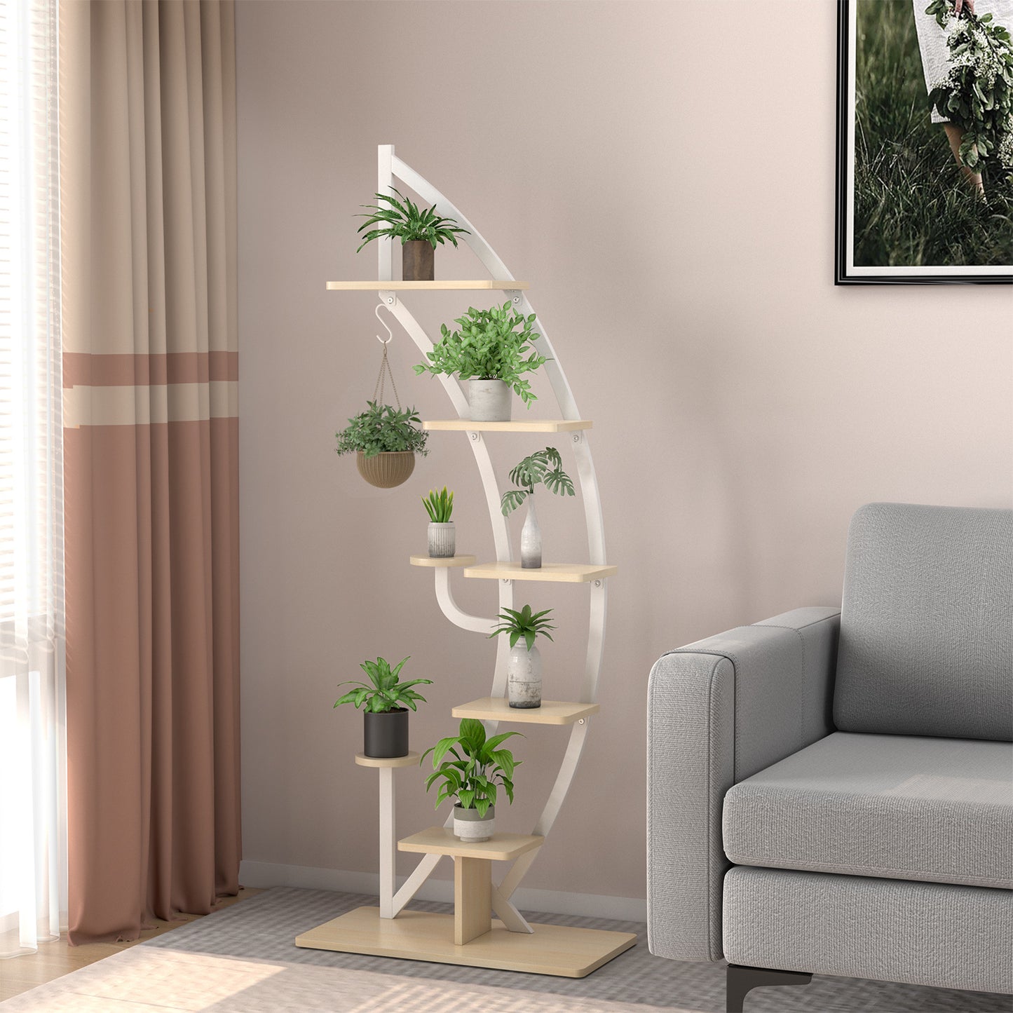 6 Tier Metal Plant Stand, Half Moon Shape Ladder Planter Organizer w/Hook, Multifunctional Curved Flower Pot Rack, Indoor Bonsai Display Shelf for Living Room, Bedroom, Balcony