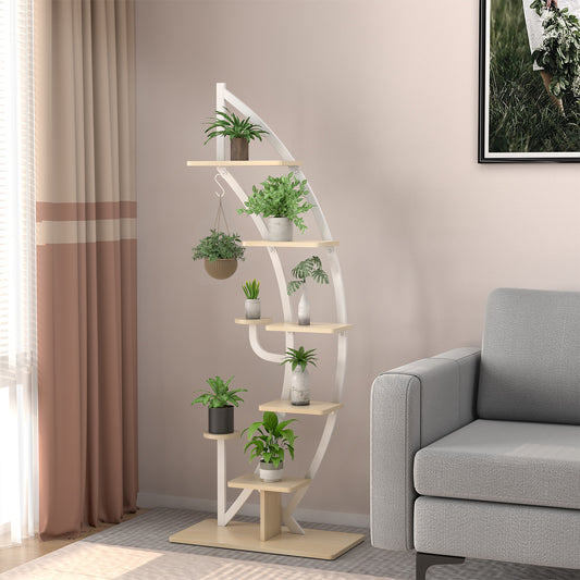 6 Tier Metal Plant Stand, Half Moon Shape Ladder Planter Organizer w/Hook, Multifunctional Curved Flower Pot Rack, Indoor Bonsai Display Shelf for Living Room, Bedroom, Balcony