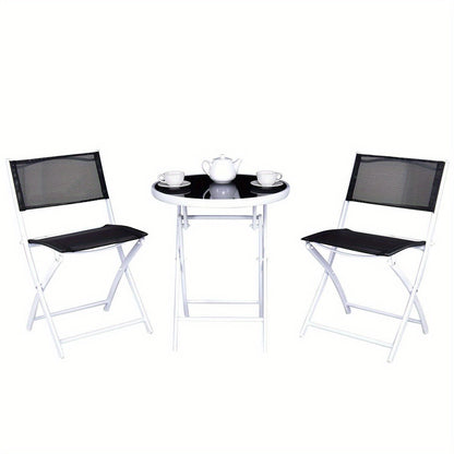 3pcs Elegant Folding Bistro Set with Black Tempered Glass Top - Durable Metal Frame & Textile Fiber Seats, Easy Clean - Ideal for Patio, Garden, Deck - No Assembly Required, Outdoor Patio Furniture