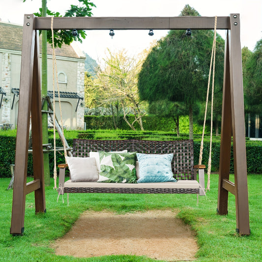 2-Person Patio Rattan Hanging Swing Chair Porch Loveseat Cushion White