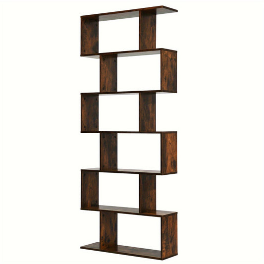 6-Tier S-Shaped Bookshelf - Modern Hardwood Display Shelving Unit with Anti-Tip Design, 75" Height, 44 lbs Weight Capacity, Perfect for Living Room, Study, or Bedroom Decor, Bookshelf Decorations