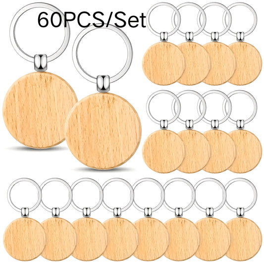 60pcs Wood Keychain Blanks Set - DIY Round Wooden Key Rings for Crafts, Keychain Making Kit for Car Keys, Backpack Tags, Pet Accessories, and Festive