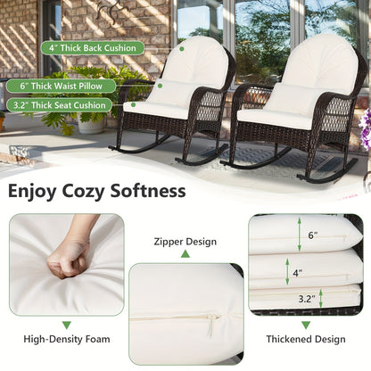 Patio Wicker Rocking Chair W/Seat Back Cushions & Lumbar Pillow Porch Off White