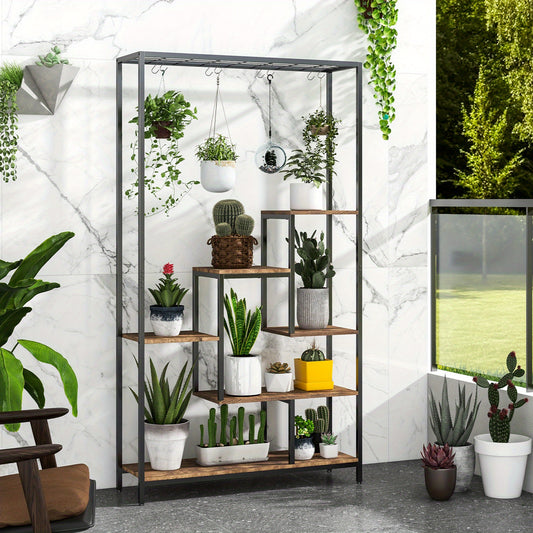 6-Tier Indoor Plant Stand 71" Tall, Sturdy Metal & Wood Plant Shelf with 10 S-Hooks, Large Capacity Vertical Space-Saving Design for Potted Plants, Bonsai, Books, Living Room, Balcony, Office, Balcony Organizer, Modern Aesthetic, Powdercoated Finish